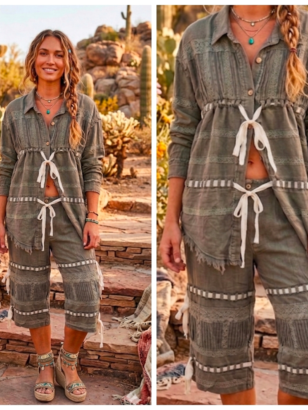 Boutique Bohemian Lace Trim Distressed Capri Short Set